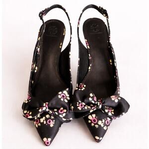 Tory Burch Rosalind 65mm Floral Satin Slingback Heels Sz 9 Black Bow Kitten Heel